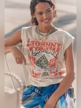 NWT Letluv Anthropologie Johnny Cash Playing Card Graphic Tee Ivory Multi Size S